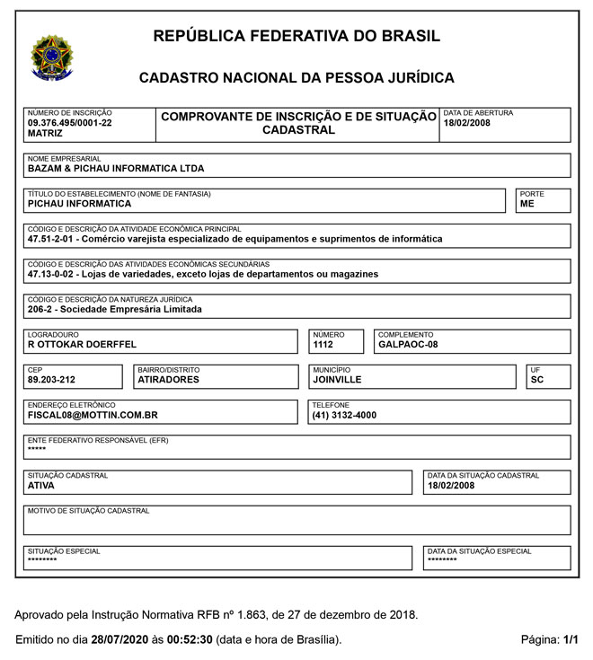 cartão do CNPJ da Pichau Informática