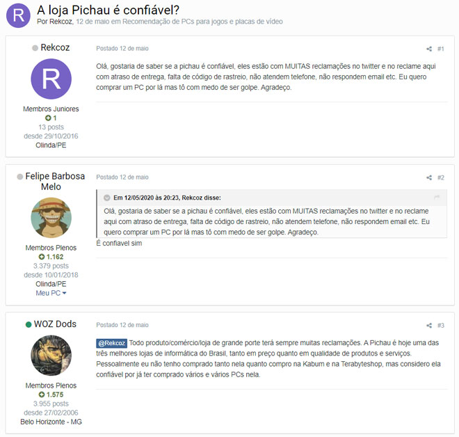 reclamações em grupos sobre a Pichau Informática